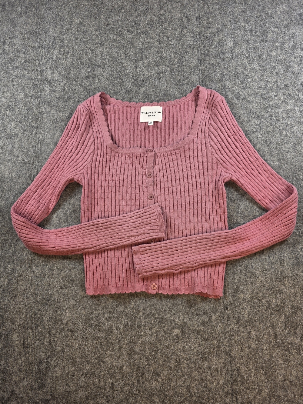 Willow & Wind Mauve Ribbed Scoop-Neck Button Cardigan